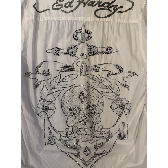 Vtg Y2K Ed Hardy Button Down Rhinestone Shirt Mens Sz XL Skull Anchor - Picture 6 of 6